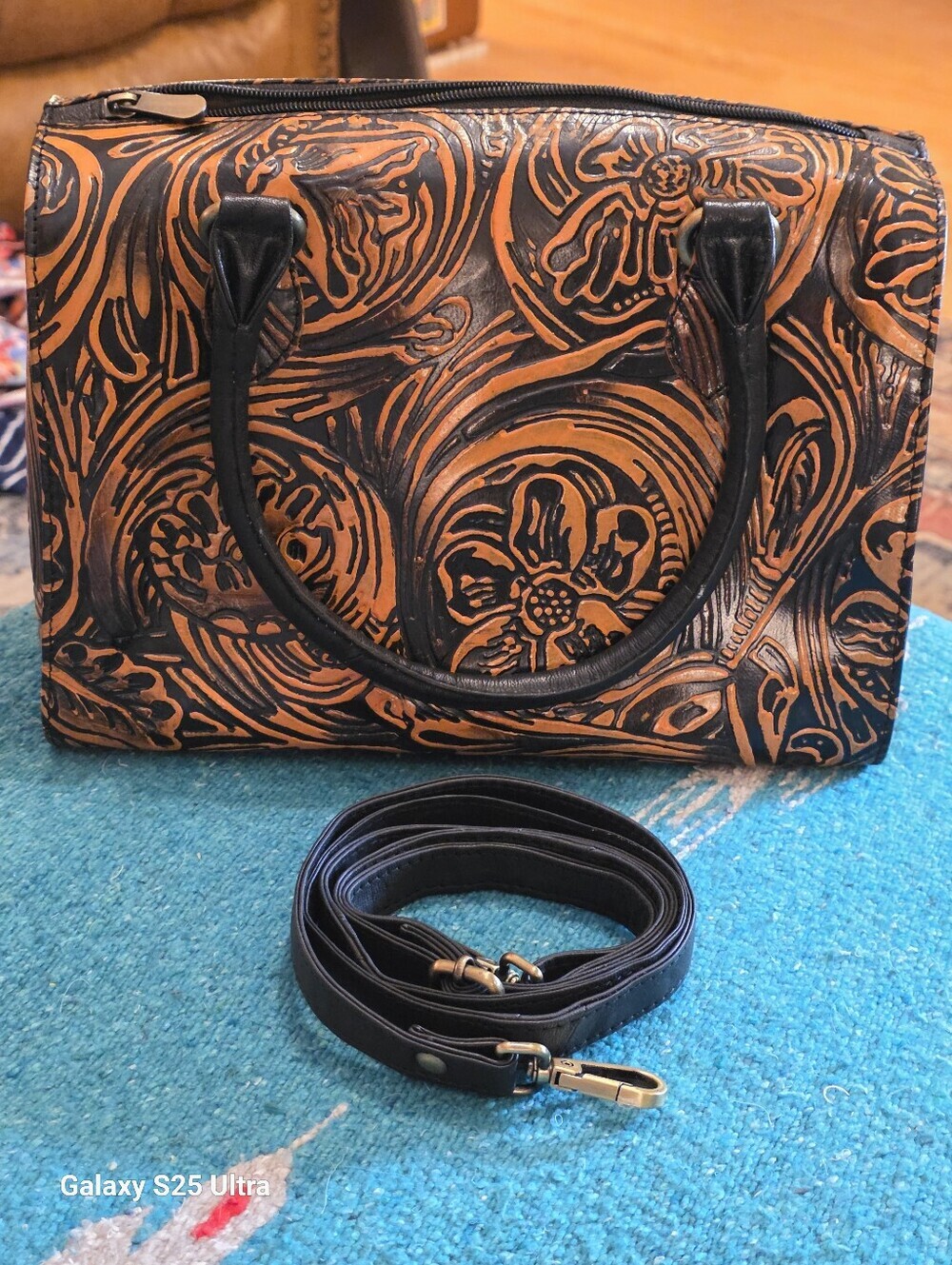 Floral Artisan Leather Speedy Satchel Burnt Copper & Black Western Crossbody - Picture 4 of 17